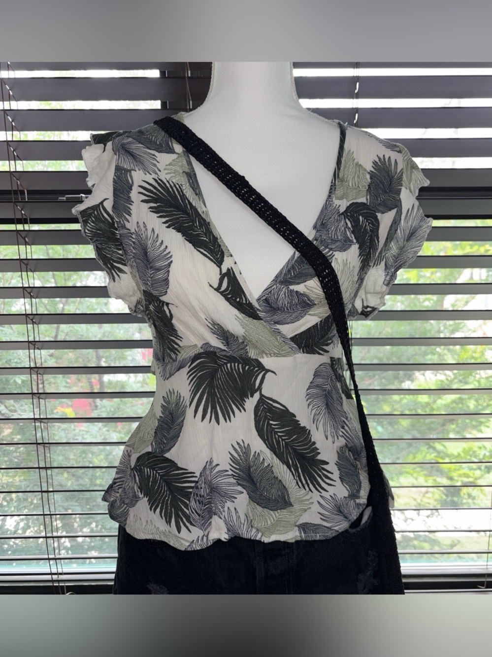 Papermoon White Leaf-Print Flutter Sleeve Wrap Top